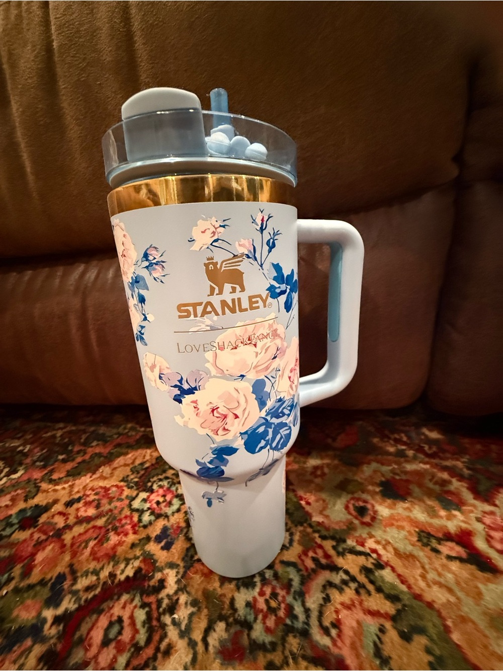 Stanley Pastel Blue Floral Travel Mug with Gold Accent